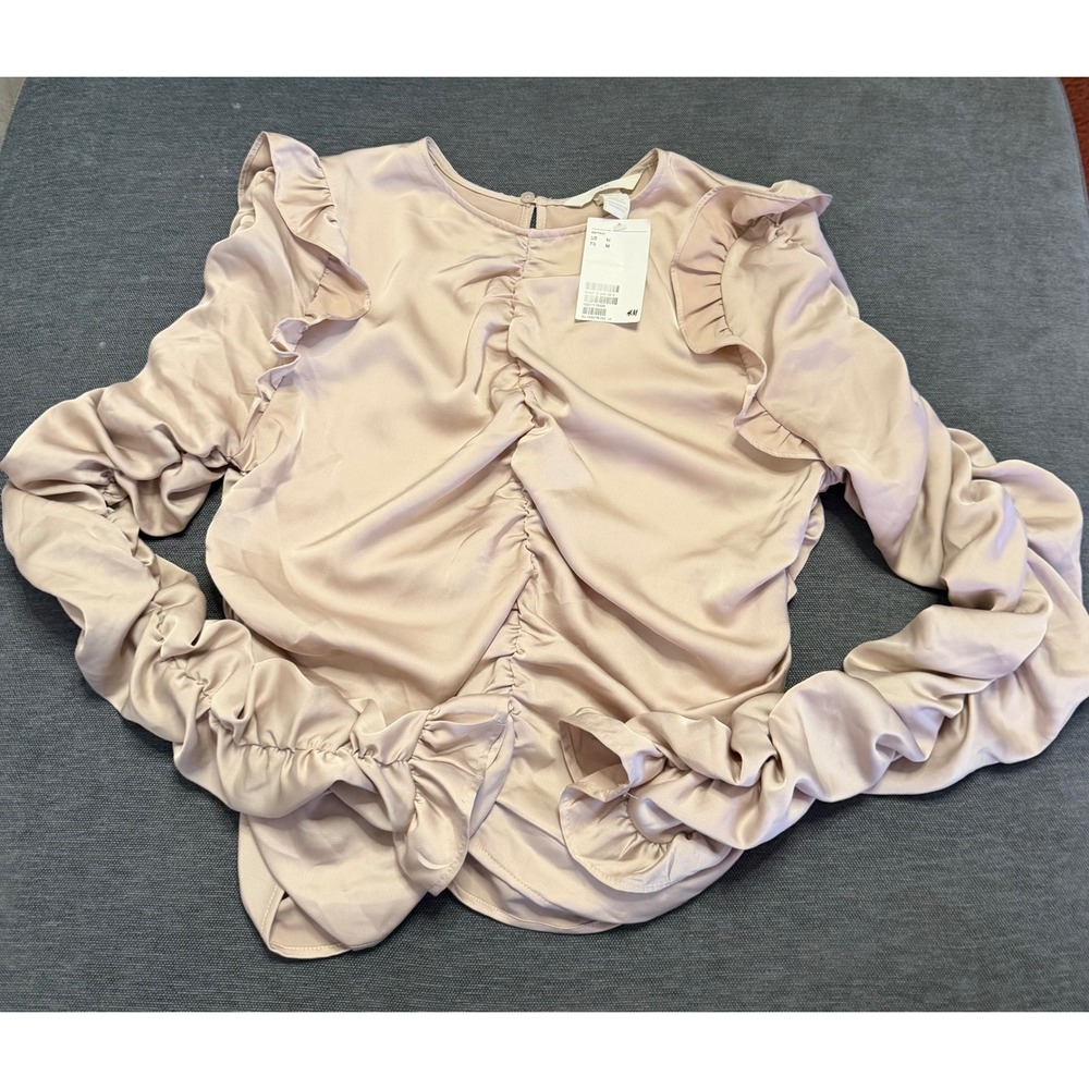 HM Womens Champagne Satin Ruched Ruffle Long Sleeve Blouse Top Size M‎ New